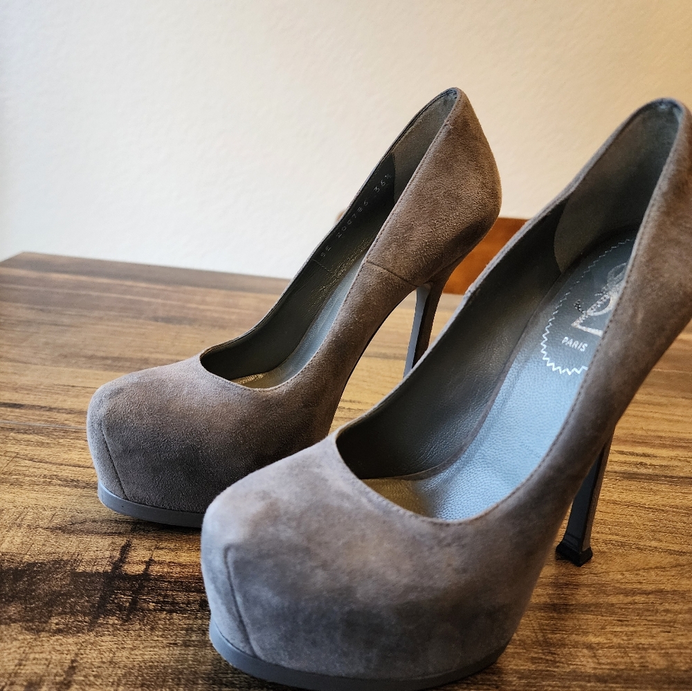 Yves Saint Laurent Tribtoo Heels Pumps Stilettos 36.5 6.5 Suede Grey - Picture 2 of 7